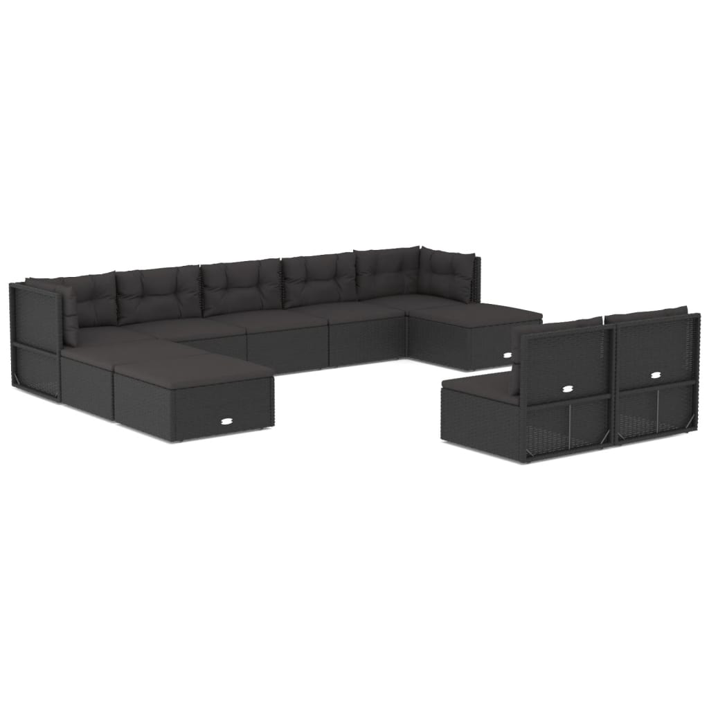 10 Piece Outdoor Sofa Set with Cushions Black Poly Rattan