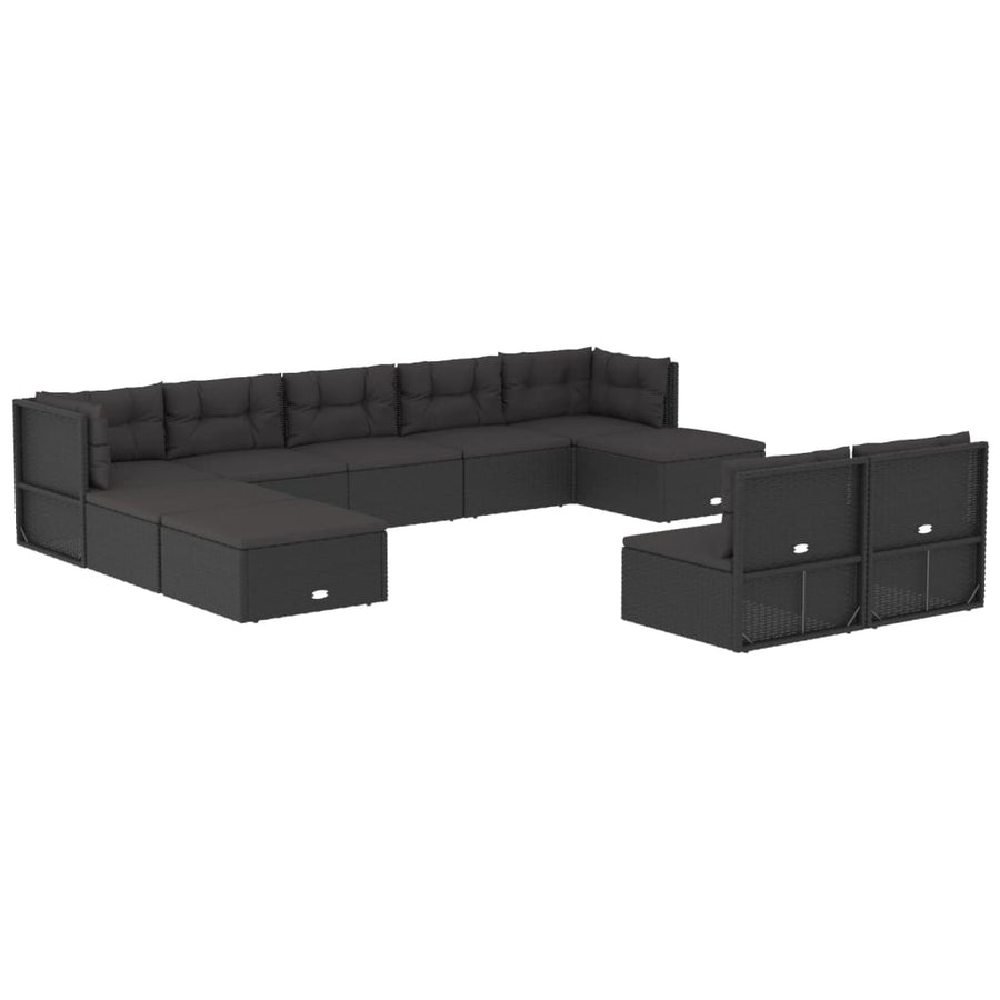 10 Piece Outdoor Sofa Set with Cushions Black Poly Rattan