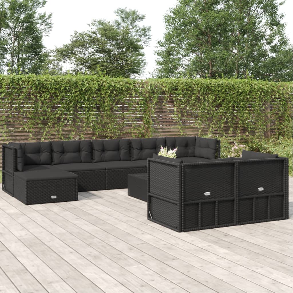9 Piece Outdoor Sofa Set with Cushions Black Poly Rattan