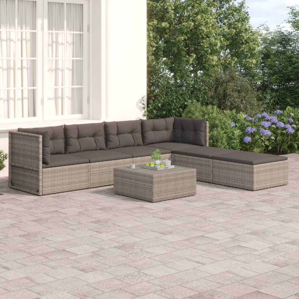 6 Piece Garden Lounge Set with Cushions Grey Poly Rattan