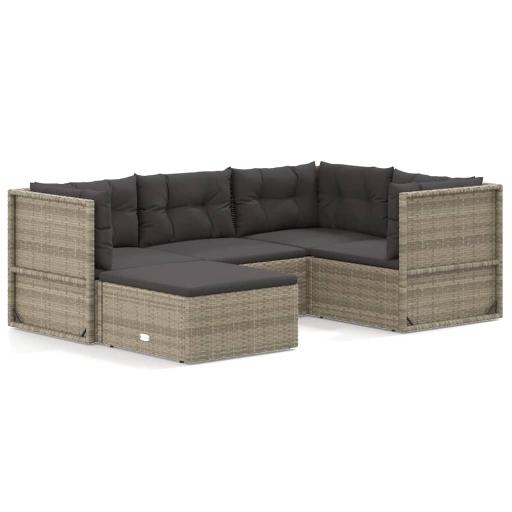 5 Piece Garden Lounge Set with Cushions Grey Poly Rattan