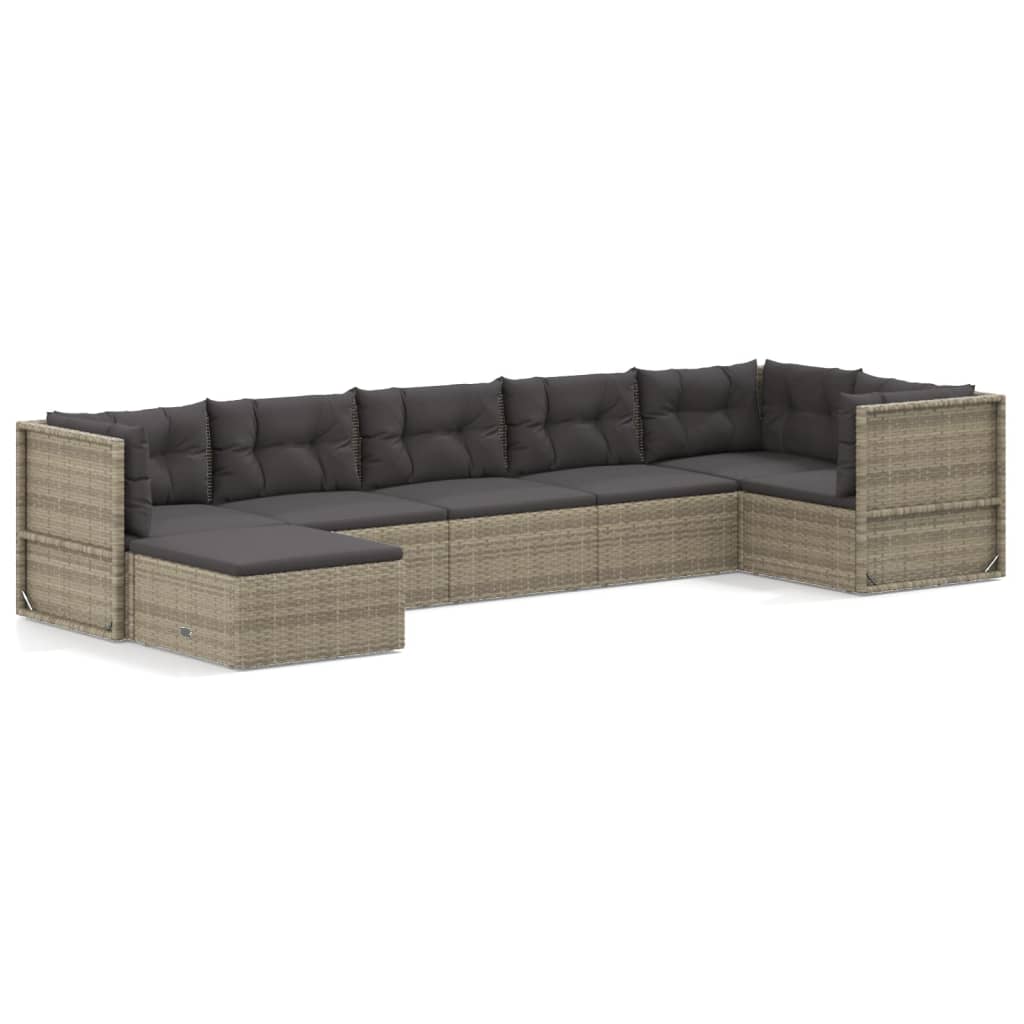 7 Piece Garden Lounge Set with Cushions Grey Poly Rattan