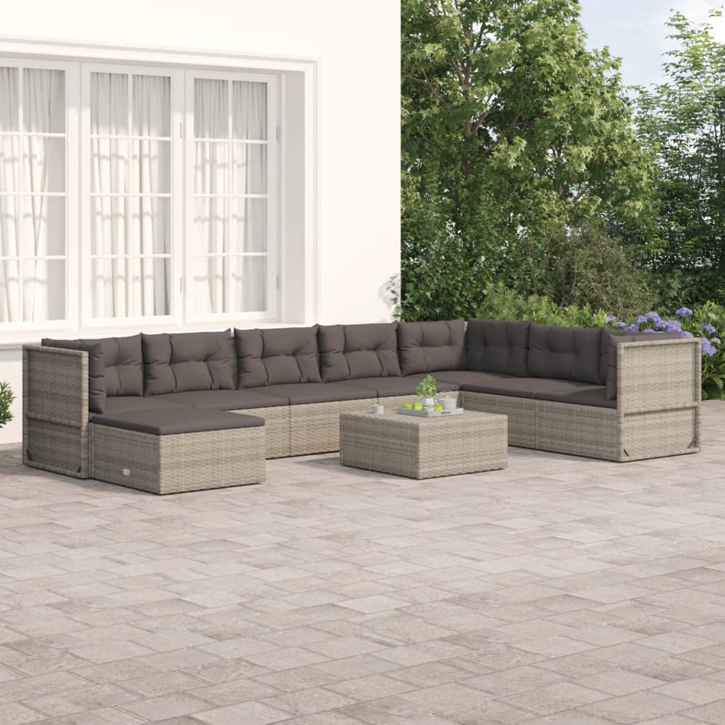 8 Piece Garden Lounge Set with Cushions Grey Poly Rattan