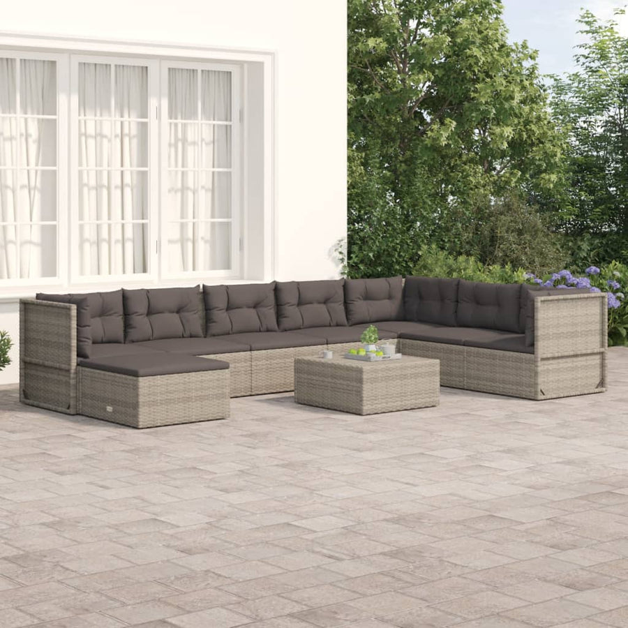 8 Piece Garden Lounge Set with Cushions Grey Poly Rattan