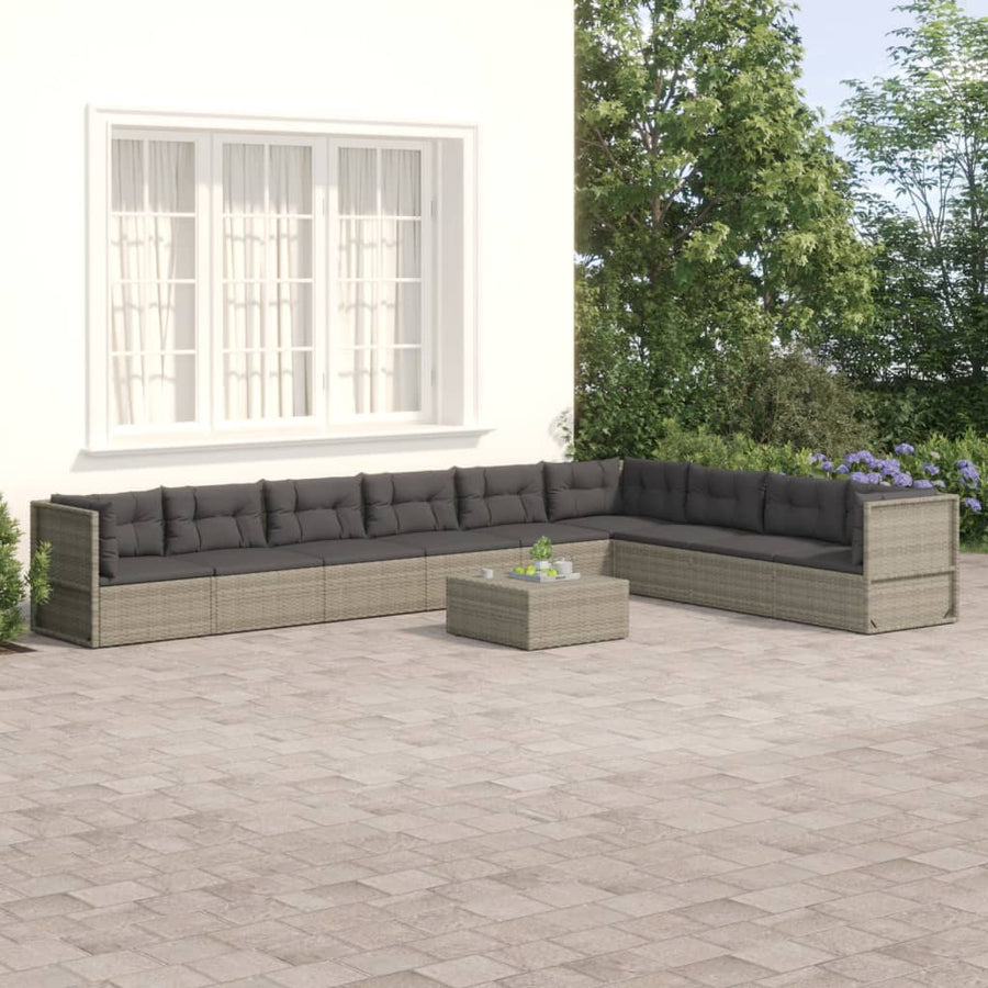 9 Piece Garden Lounge Set with Cushions Grey Poly Rattan