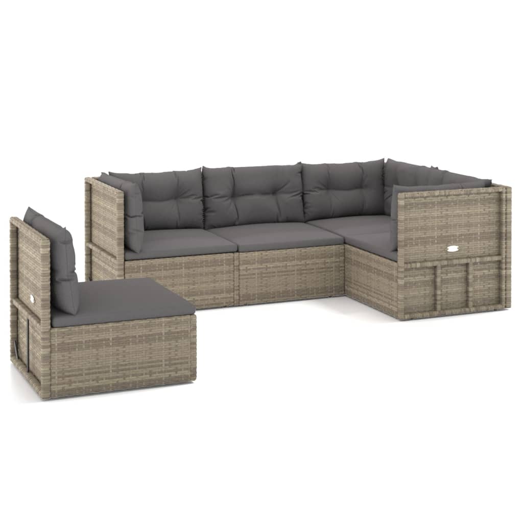 5 Piece Garden Lounge Set with Cushions Grey Poly Rattan