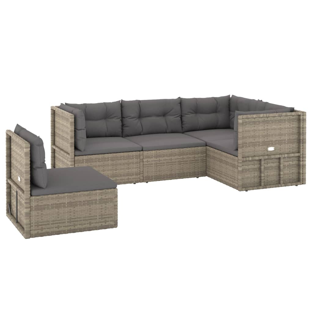 5 Piece Garden Lounge Set with Cushions Grey Poly Rattan