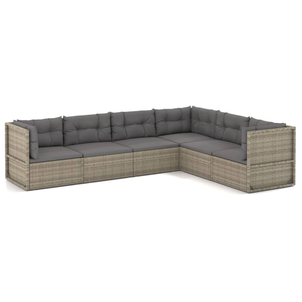 6 Piece Garden Lounge Set with Cushions Grey Poly Rattan