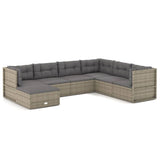 7 Piece Garden Lounge Set with Cushions Grey Poly Rattan - Front View