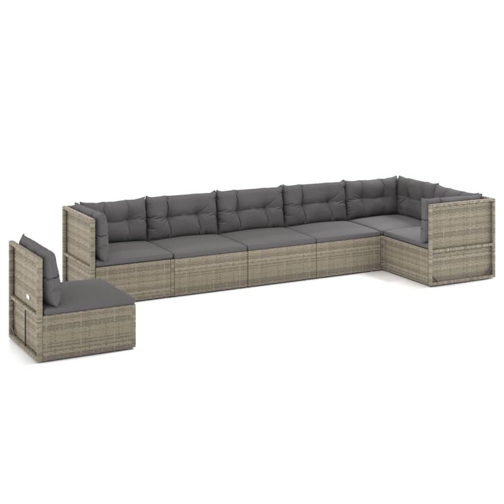 7 Piece Garden Lounge Set with Cushions Grey Poly Rattan