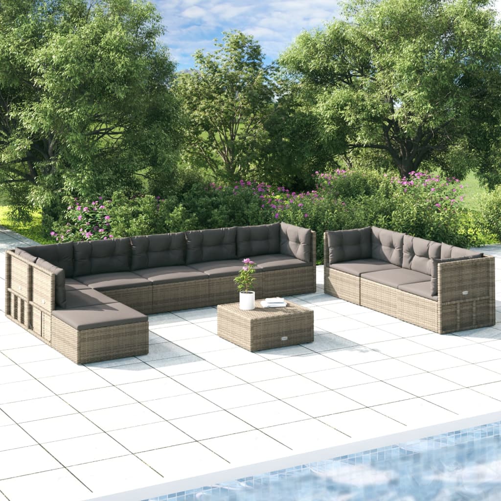 10 Piece Garden Lounge Set with Cushions Grey Poly Rattan