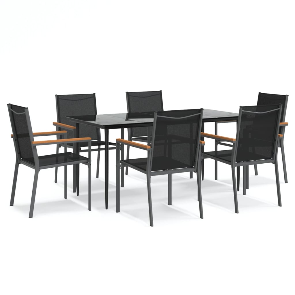 7 Piece Garden Dining Set Black Textilene and Steel