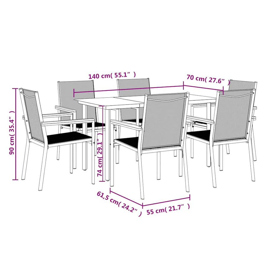 7 Piece Garden Dining Set Black Textilene and Steel