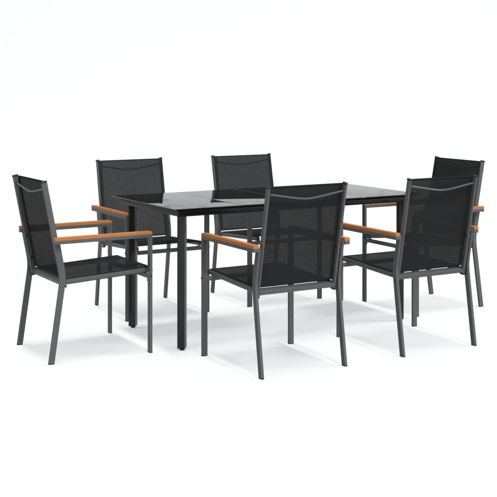 7 Piece Garden Dining Set Black Textilene and Steel
