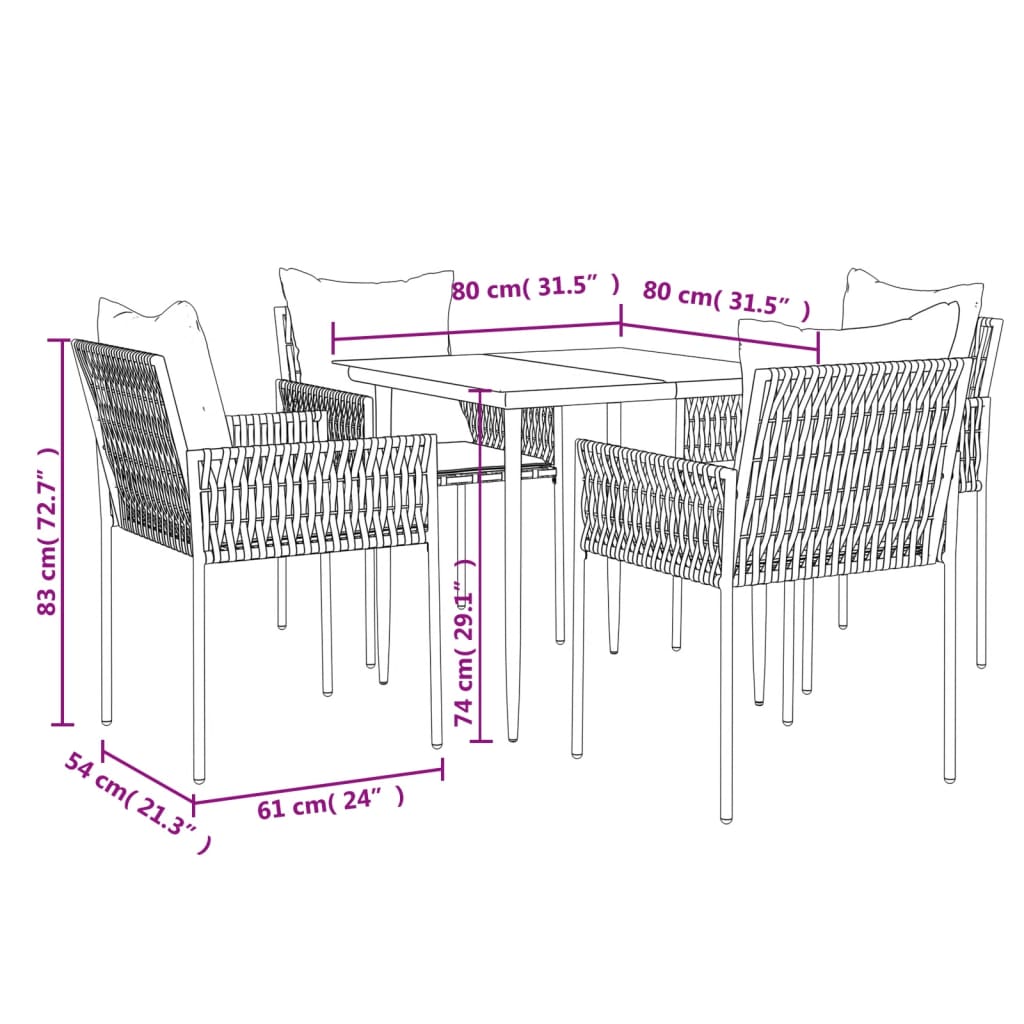5 Piece Garden Dining Set with Cushions Poly Rattan and Steel