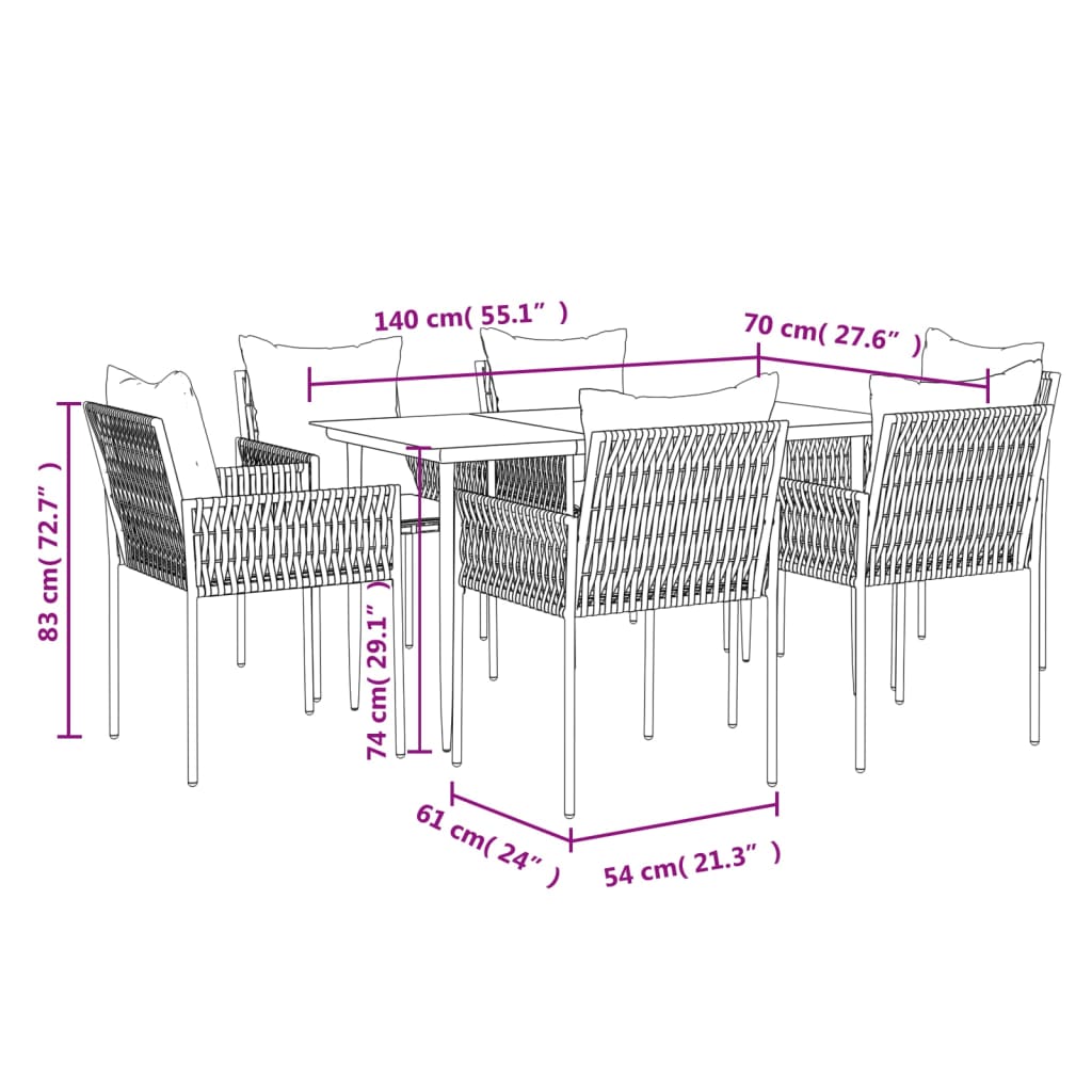 7 Piece Garden Dining Set with Cushions Poly Rattan and Steel