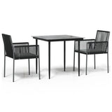 3 Piece Garden Dining Set with Cushions Black Poly Rattan and Steel - Front View