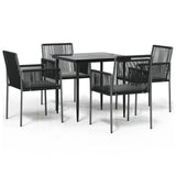 5 Piece Garden Dining Set with Cushions Black Poly Rattan and Steel - Front View