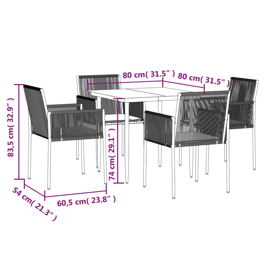 5 Piece Garden Dining Set with Cushions Black Poly Rattan&Steel