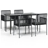 5 Piece Garden Dining Set with Cushions Black Poly Rattan and Steel - Front View