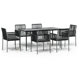 7 Piece Garden Dining Set with Cushions Black Poly Rattan and Steel - Front View