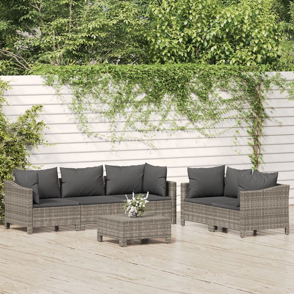 6 Piece Garden Lounge Set with Cushions Grey Poly Rattan