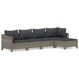 5 Piece Garden Lounge Set with Cushions Grey Poly Rattan - Front View