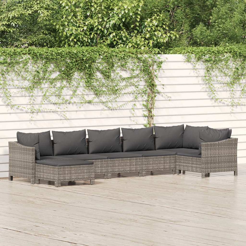 7 Piece Garden Lounge Set with Cushions Grey Poly Rattan