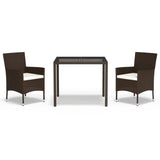 3 Piece Garden Dining Set with Cushions Brown Poly Rattan - Front View