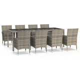 9 Piece Garden Dining Set with Cushions Grey Poly Rattan - Front View