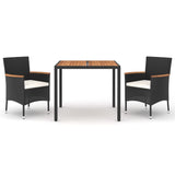 3 Piece Garden Dining Set with Cushions Black Poly Rattan - Front View