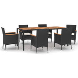 7 Piece Garden Dining Set with Cushions Black Poly Rattan