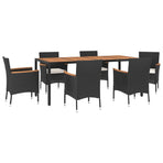 7 Piece Garden Dining Set with Cushions Black Poly Rattan