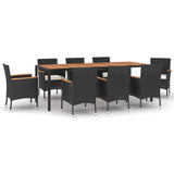 9 Piece Garden Dining Set with Cushions Black Poly Rattan - Front View