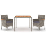 3 Piece Garden Dining Set with Cushions Grey Poly Rattan - Front View