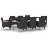 9 Piece Garden Dining Set with Cushions Black Poly Rattan - Front View