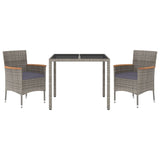 3 Piece Garden Dining Set with Cushions Grey Poly Rattan - Front View