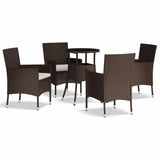5 Piece Garden Bistro Set with Cushions Brown Poly Rattan - Front View