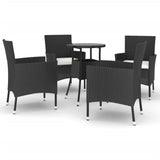 5 Piece Garden Bistro Set with Cushions Black Poly Rattan - Front View