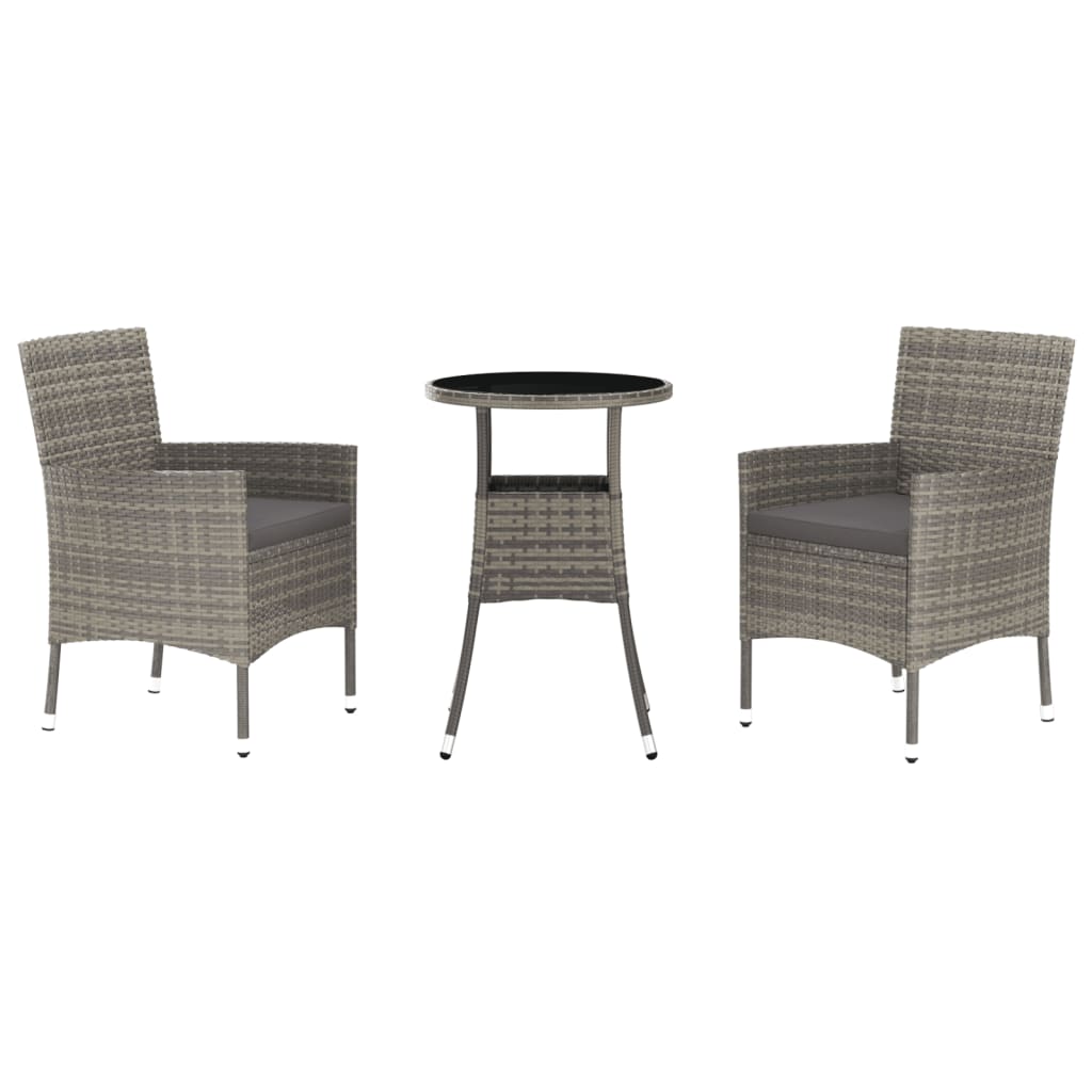 3 Piece Garden Bistro Set with Cushions Grey Poly Rattan