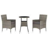 3 Piece Garden Bistro Set with Cushions Grey Poly Rattan - Front View