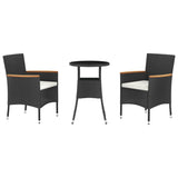3 Piece Garden Bistro Set with Cushions Black Poly Rattan - Front View