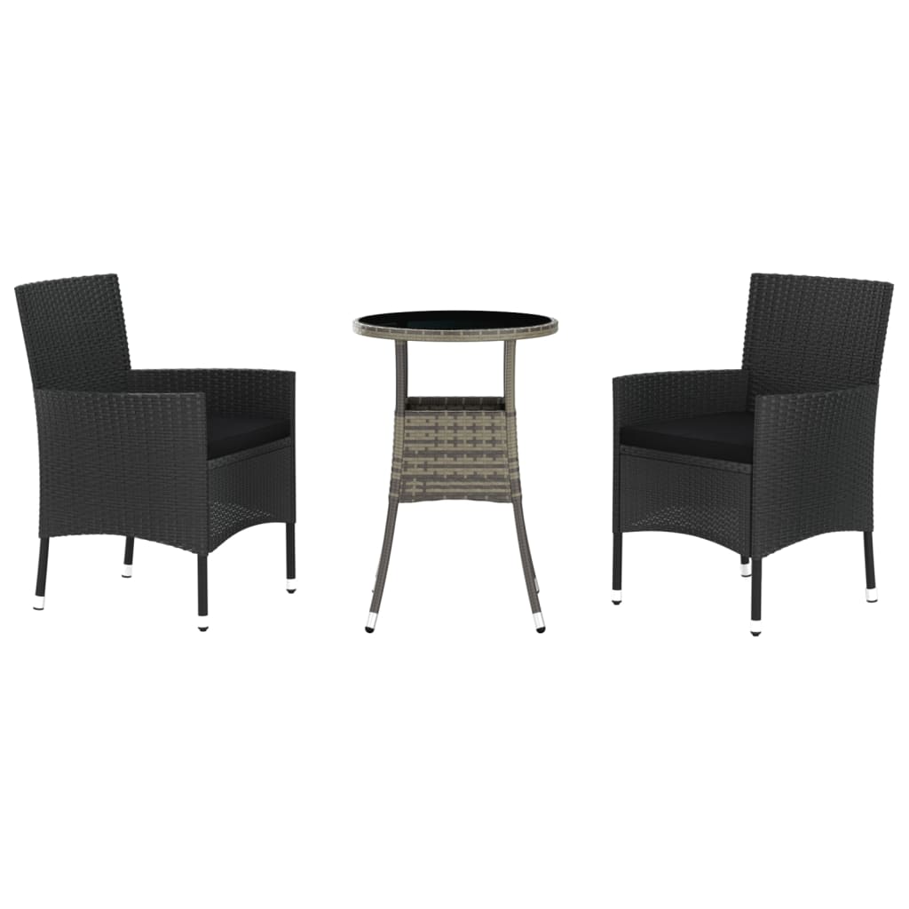 3 Piece Garden Bistro Set with Cushions Black Poly Rattan