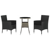 3 Piece Garden Bistro Set with Cushions Black Poly Rattan - Front View