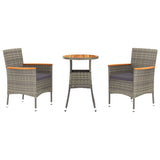 3 Piece Garden Bistro Set with Cushions Grey Poly Rattan - Front View