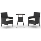 3 Piece Garden Bistro Set with Cushions Black Poly Rattan - Front View