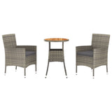 3 Piece Garden Bistro Set with Cushions Grey Poly Rattan - Front View