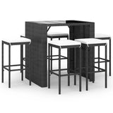 7 Piece Garden Bar Set with Cushions Black Poly Rattan - Front View