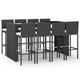 9 Piece Garden Bar Set with Cushions Black Poly Rattan - Front View