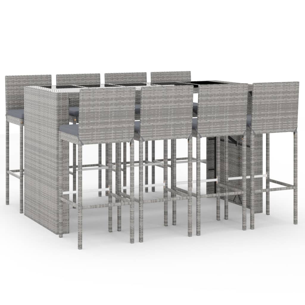 9 Piece Garden Bar Set with Cushions Grey Poly Rattan